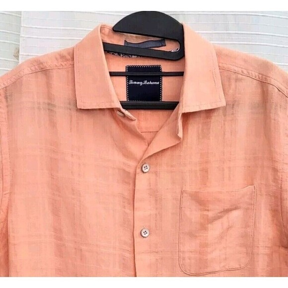 Tommy Bahama Squarely There Camp Shirt Linen Blend Light Tangerine Men's Small - Picture 7 of 7